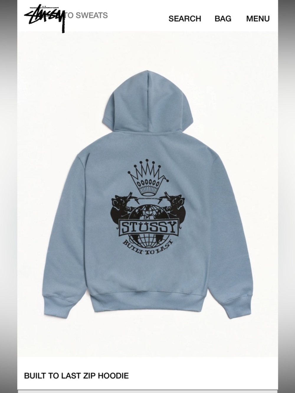 Stussy Men's Light Blue Zip-Up Hoodie with Black Back Graphic.